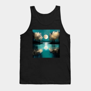 Teal Blue Serene Lake Reflections Full Moon Metallic Tank Top